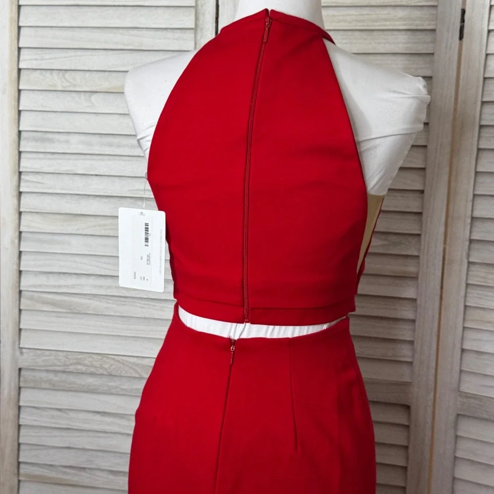 Sherri Hill Red 2 Piece Gown Halter Crop Top Mermaid Train Skirt Glam Slit‎ Sz 4